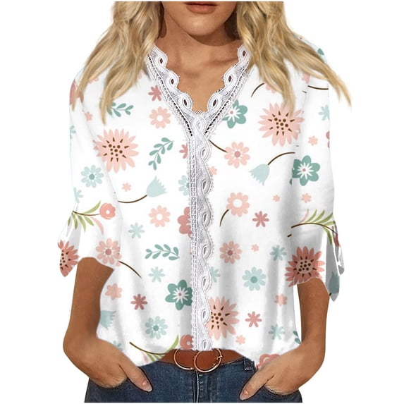 Dyegold Blouses For Women Dressy Casual 3/4 Flare Sleeve Lace Trim V Neck Floral Print Vintage Tunic Tops Loose Fit Shirts