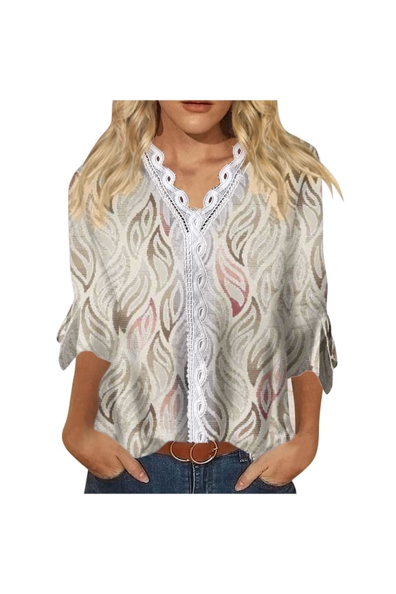 Dyegold Blouses For Women Dressy Casual 3/4 Flare Sleeve Lace Trim V Neck Floral Print Vintage Tunic Tops Loose Fit Shirts
