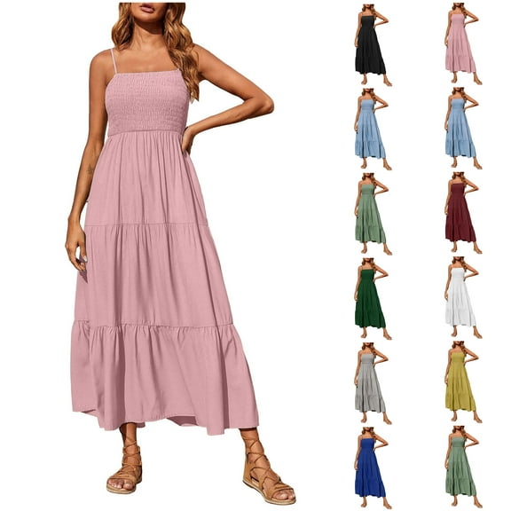 Dyegold Boho Dress For Women Summer Spaghetti Strap Sleeveless Smocked Tiered Flowy Summer Casual Beach Maxi Long Sun Dress