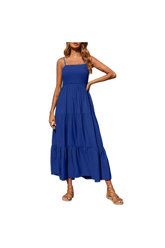 Dyegold Boho Dress For Women Summer Spaghetti Strap Sleeveless Smocked Tiered Flowy Summer Casual Beach Maxi Long Sun Dress