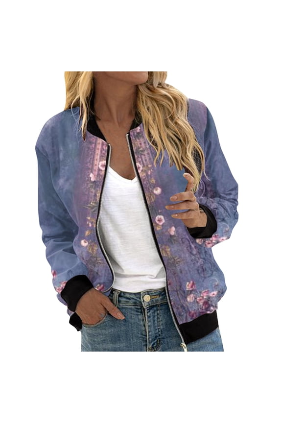 Dyegold Bomber Jacket Women Casual Floral Print Long Sleeve Coats Lightweight Zip Up Quilted Casual Coat Outwear Windbreaker
