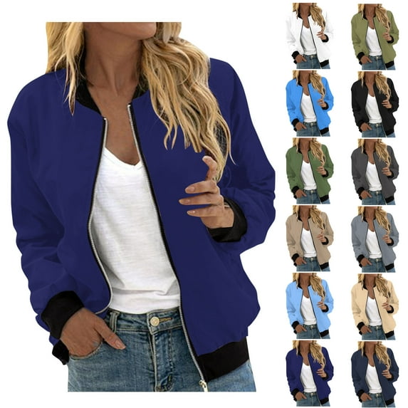 Dyegold Bomber Jacket Women Fall Fashion 2023 Full Zip Jackets Casual Loose Stand Collar Short Lightweight Coat Outwear Tops