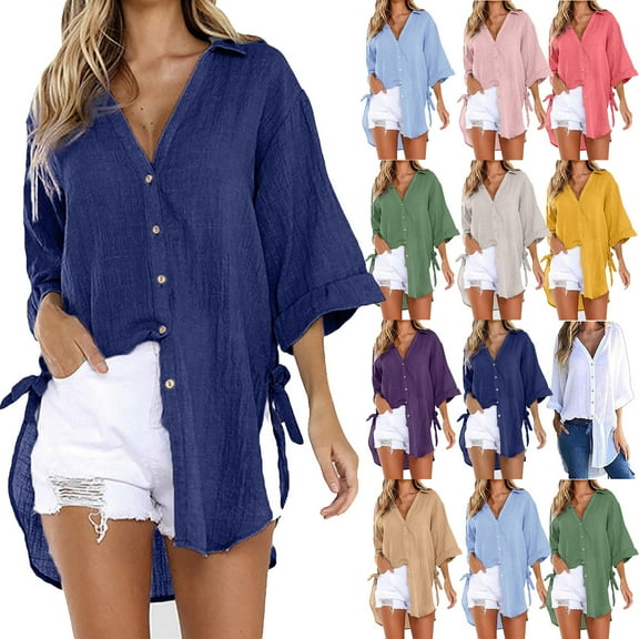 Dyegold Button Up Shirt Women Plus Size Long Sleeve Button Down Tops Casual Loose Irregular Hem Side Tied Blouses Tshirts