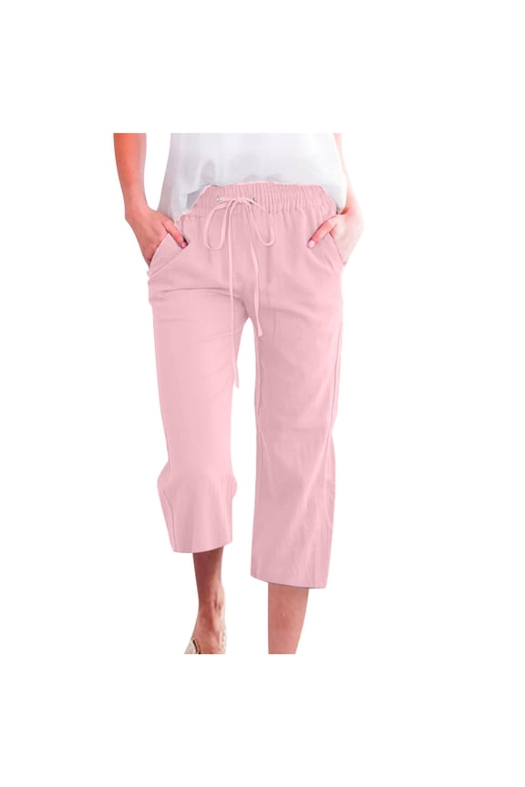 Dyegold Capris For Women Casual Summer Cotton Linen Cropped Pants Elastic Waist Drawstring Plus Size Capris With Pockets
