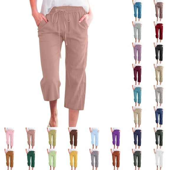 Dyegold Capris For Women Casual Summer Cotton Linen Cropped Pants Elastic Waist Drawstring Plus Size Capris With Pockets