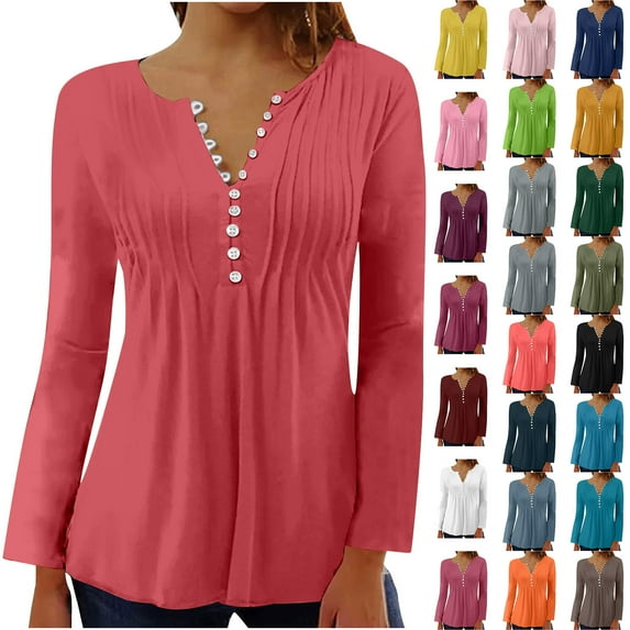 Dyegold Casual Long Sleeve Tops For Women Fall Fashion 2023 Button Up V Neck Pleated Tunic Boho Vintage Blouses Henley Shirt