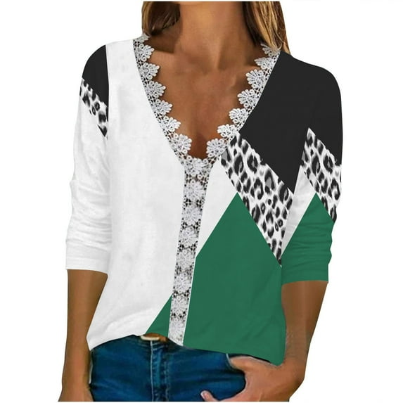 Dyegold Casual Long Sleeve Tops For Women Fashion Fall 2023 V Neck Lace Trim Sexy Blouses Floral Printed Shirts Loose Tshirt