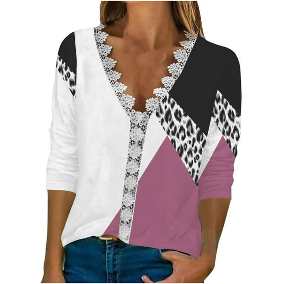 Dyegold Casual Long Sleeve Tops For Women Fashion Fall 2023 V Neck Lace Trim Sexy Blouses Floral Printed Shirts Loose Tshirt