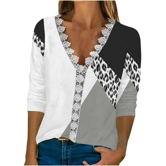 Dyegold Casual Long Sleeve Tops For Women Fashion Fall 2023 V Neck Lace Trim Sexy Blouses Floral Printed Shirts Loose Tshirt