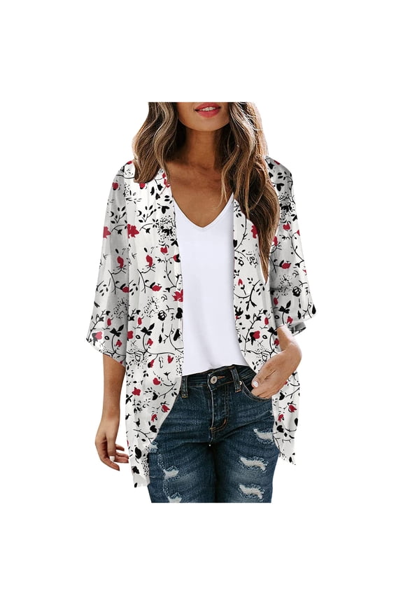 Dyegold Kimonos For Women Boho Floral Print Lightweight Cardigans 3/4 Sleeve Open Front Summer Beach Plus Size Cover Ups Top