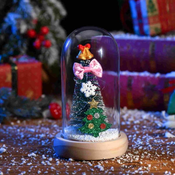 Dyegold Christmas Dome Ornament Mini Artificial Tree inside Transparent Dome Shell with Wooden Base and Warm Light String for Desktop Shelf Indoor Xmas Home Decor