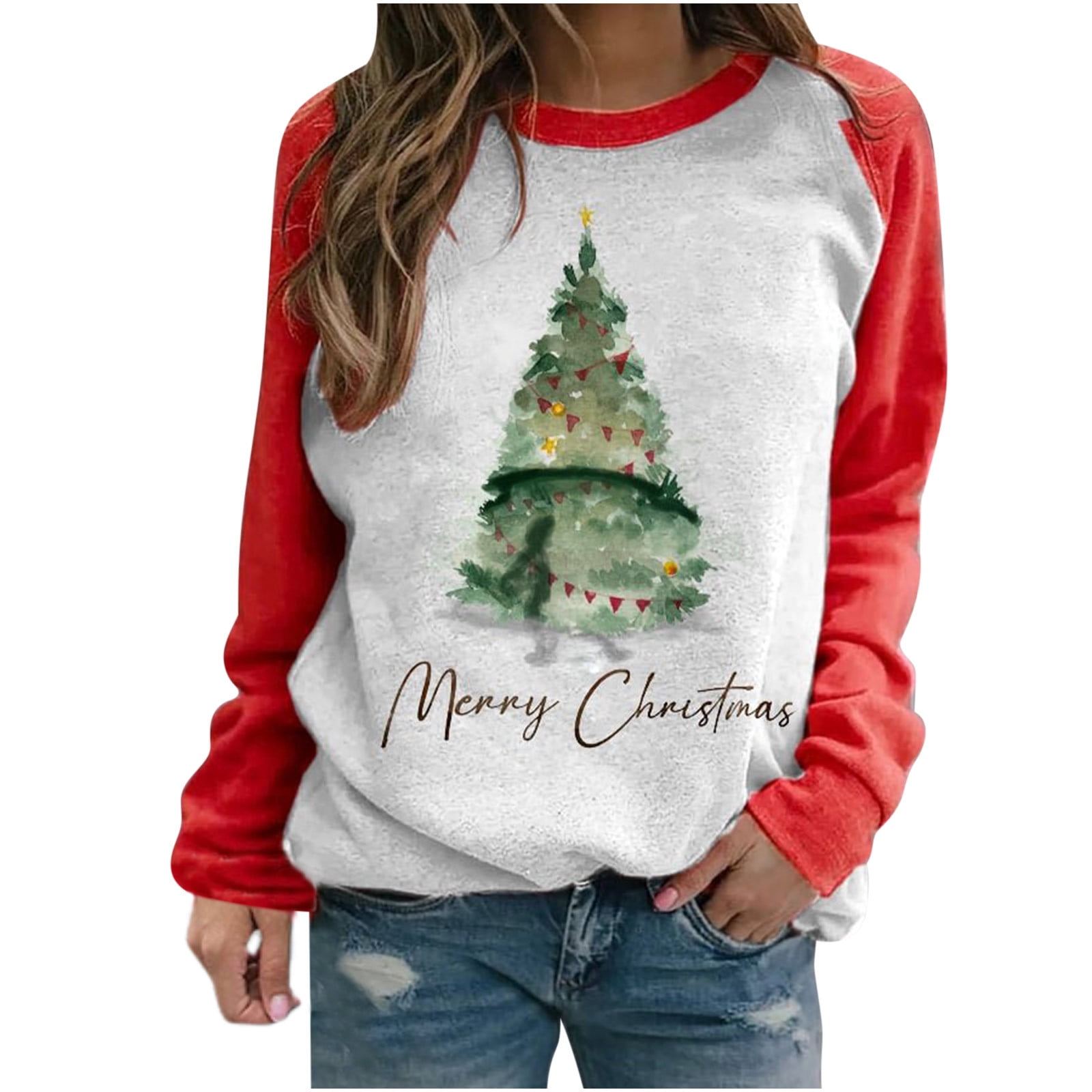 deals of the day lightning deals clearance Christmas Shirts for Women  Novelty Funny Graphic Lightweight Sweatshirt Xmas Tree Holiday Cute Tee  Pink
