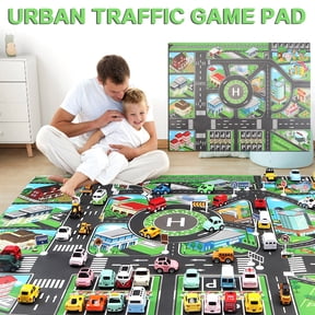 Dyegold City Traffic Car Play Mat 51 x 39 Inch Large Non Slip Game Rug with Roads Parking Lot Hospital School for Toy Cars Storage Bag Included