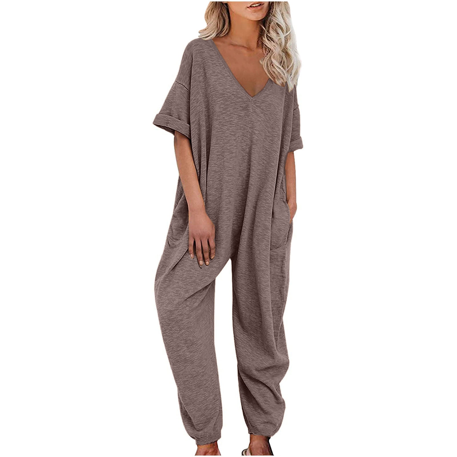 Drawstring V-Neck Short Sleeve Polyester Jumpsuits,Hollowed
