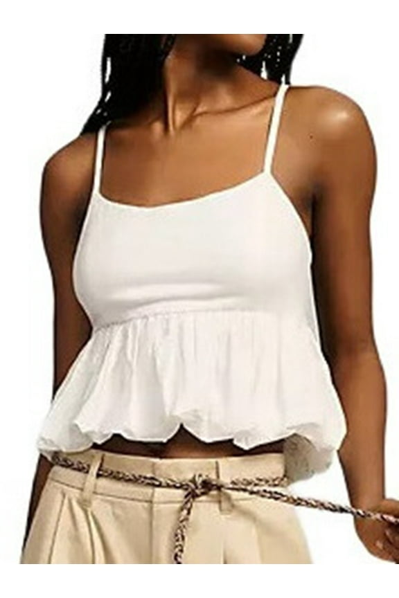 Bubble Tank Tops Women Y2k Ruffle Hem Spaghetti Strap Going Out Crop Tops Sleeveless Babydoll - Shirts White M