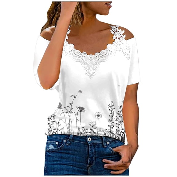Dyegold Cold Shoulder Tops For Women Short Sleeve V Neck Crochet Lace Shirts Summer Dressy Casual Loose Tunics Blouses Tees