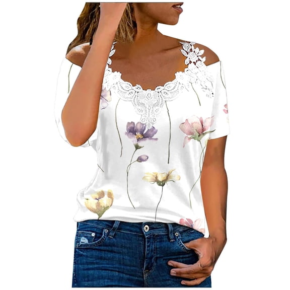 Dyegold Cold Shoulder Tops For Women Short Sleeve V Neck Crochet Lace Shirts Summer Dressy Casual Loose Tunics Blouses Tees