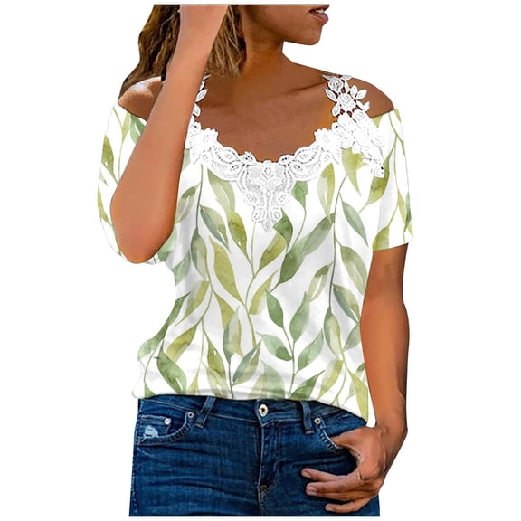 Dyegold Cold Shoulder Tops For Women Short Sleeve V Neck Crochet Lace Shirts Summer Dressy Casual Loose Tunics Blouses Tees