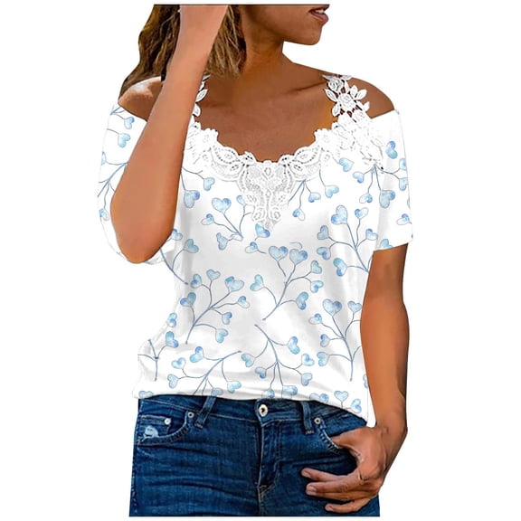 Dyegold Cold Shoulder Tops For Women Short Sleeve V Neck Crochet Lace Shirts Summer Dressy Casual Loose Tunics Blouses Tees