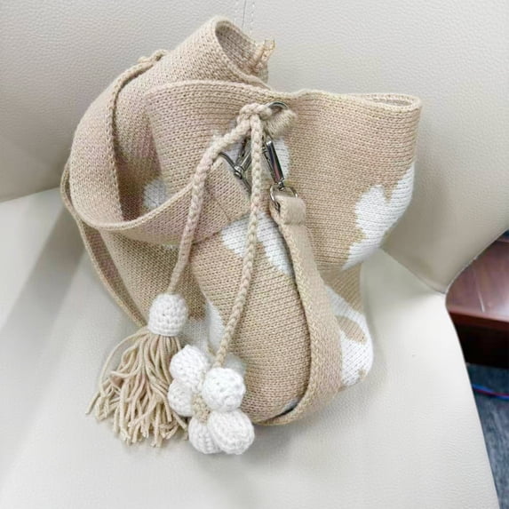 Dyegold Crochet Tote Bag Handmade Flower Mesh Knit Shoulder Bag with Detachable Tassel Boho Crossbody for Beach Shopping Travel Daily Use