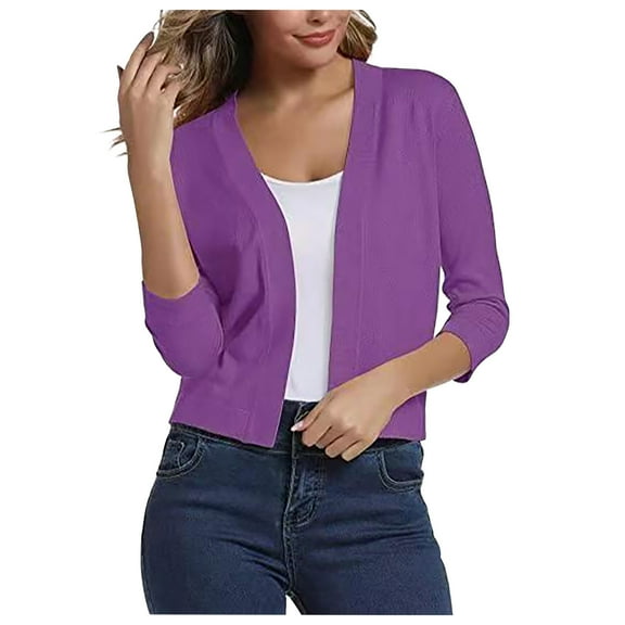 Dyegold Cropped Cardigans For Women 3/4 Sleeve Open Front Solid Lightweight Short Sweaters Cardigan Casual Loose Shrugs