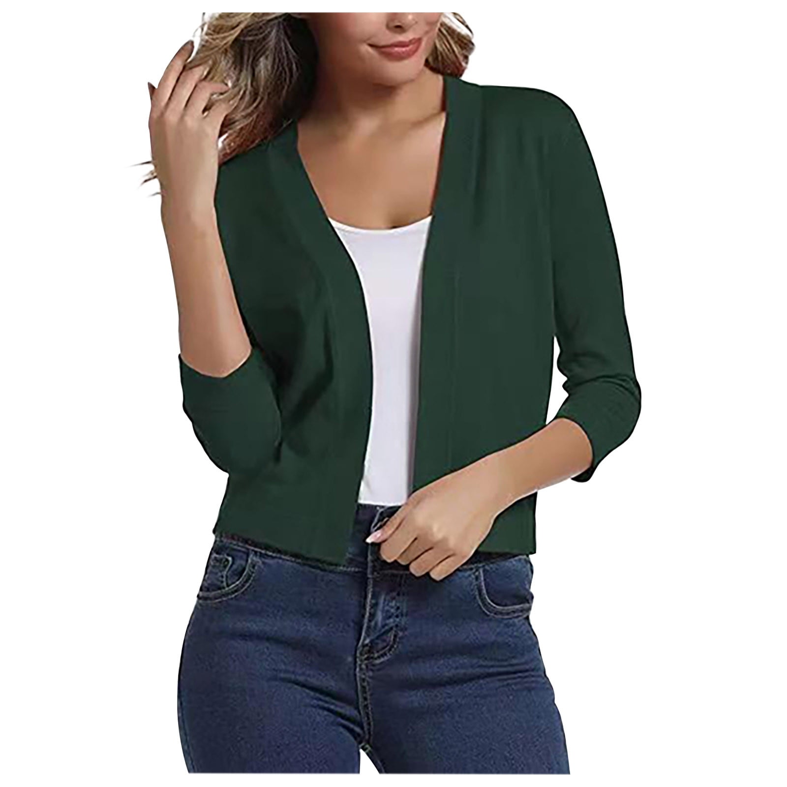 Dyegold Cropped Cardigans For Women 3/4 Sleeve Open Front Solid ...