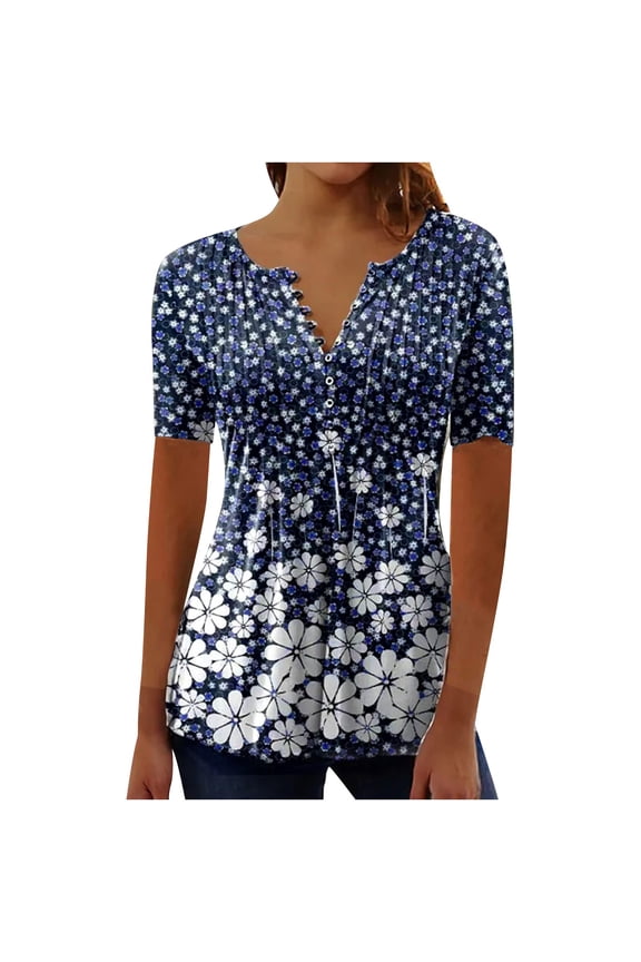 Dyegold Daisy Print T-Shirts for Women Trendy Color Block Graphic Women's Shirts and Blouses Short Sleeve Women Tops Dressy Casual Summer V Neck Plus Tunics Beach