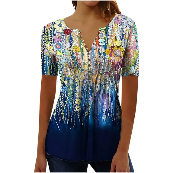 Dyegold Daisy Print T-Shirts for Women Trendy Color Block Graphic Women's Shirts and Blouses Short Sleeve Women Tops Dressy Casual Summer V Neck Plus Tunics Beach
