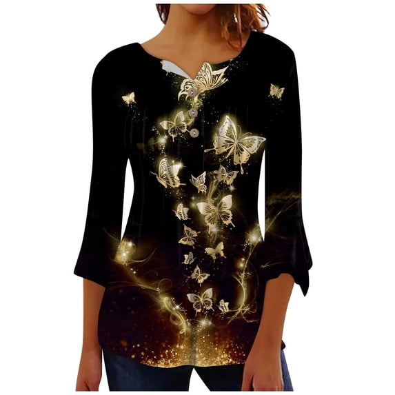 Dyegold Fall Shirts For Women 2023 3/4 Sleeve Pleated Front V Neck Button Down Tops Tunics Vintage Floral Printed Blouses