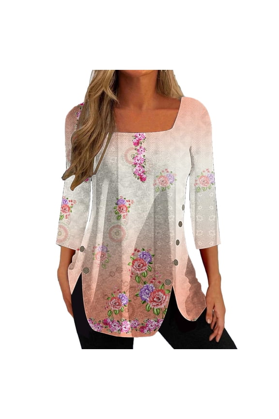 Dyegold Fall Shirts For Women 2023 Side Slit Square Neck Long Sleeve Tops Dressy Casual Floral Print Blouses Loose Tunic Top