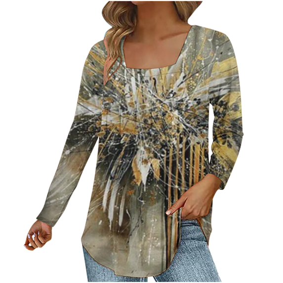 Dyegold Fall Tops For Women 2023 Trendy Floral Shirts Cute Vintage Pleated Front Square Neck Blouses Dressy Casual Tunics