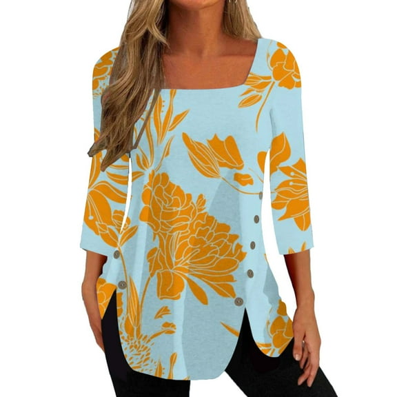 Dyegold Fall Tops For Women 2023 Trendy Long Sleeve Shirts Casual Loose Floral Tunics Fashion Slit Button Square Neck Blouse