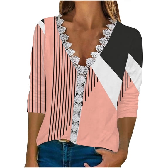 Dyegold Casual Long Sleeve Tops For Women Fashion Fall 2023 V Neck Lace Trim Sexy Blouses Floral Printed Shirts Loose Tshirt