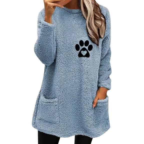 Dyegold Fleece Lined Hoodie Women Ladies Fuzzy Pullovers Graphic Casual Fleece Dog Paw Print Hoodie Fluffy Winter Warm Cute Tops Crewneck Cozy Loungewear Sweater Teen Girls Sweatshirt