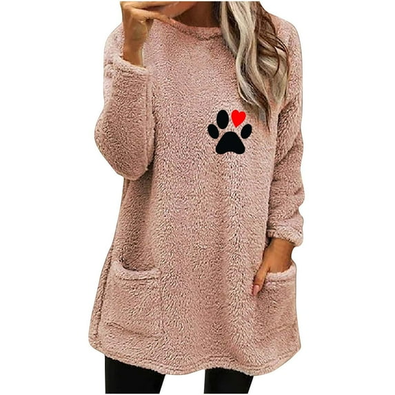 Dyegold Fleece Lined Sweatshirt Women Fuzzy Ladies Sweater Teen Girls Fleece Casual Dog Paw Print Shirts Fluffy Winter Warm Crewneck Sweatshirt Cute Loungewear Pullovers Graphic Hoodie
