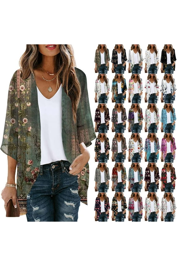 Dyegold Women's Beach Kimono Coverup Sheer Chiffon Cover Ups Casual Loose 3/4 Sleeve Floral Open Front Boho Cardigan Tops