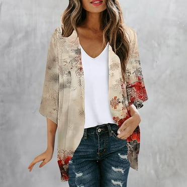 Dyegold Floral Print Lightweight Cardigans 3/4 Sleeve Open Front Cotton, Cover Ups Top (Women's) 2XL