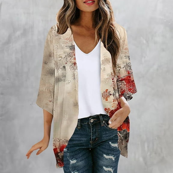 Dyegold Kimonos For Women Boho Floral Print Lightweight Cardigans 3/4 Sleeve Open Front Summer Beach Plus Size Cover Ups Top