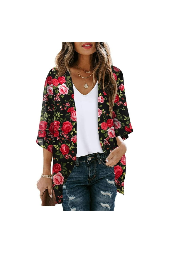Dyegold Kimonos For Women Boho Floral Print Lightweight Cardigans 3/4 Sleeve Open Front Summer Beach Plus Size Cover Ups Top