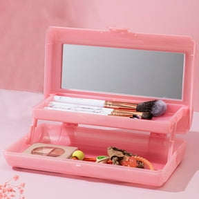 Dyegold Folding Makeup Box with Mirror Two Layer Portable Travel Cosmetic Storage Organizer with Mirror for Women Compact Durable