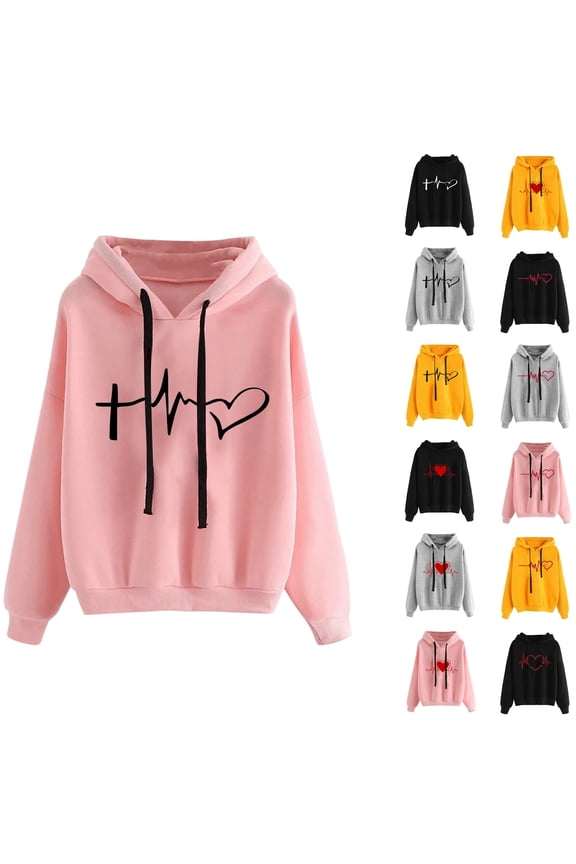 Graphic Hoodies For Women Teen Girls Cute Heart Beat Print Hooded Sweatshirt Casual Loose Pullover Tops Fall Fashion