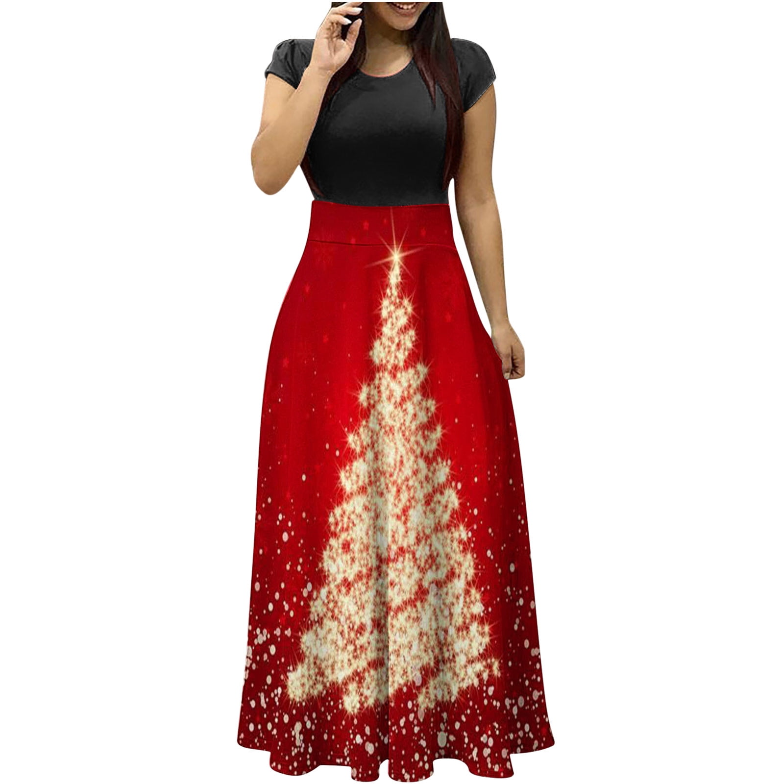 Dyegold Green Christmas Dress For Women Ladies Xmas Tree Print Aline — free download