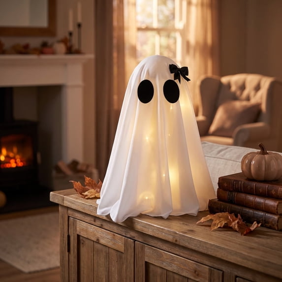 Dyegold Halloween Decor Light Up Ghost Ornament With Black Bow Glowing Spooky Tabletop Display for Courtyard Desktop Indoor Outdoor Fall Holiday Halloween Decorations