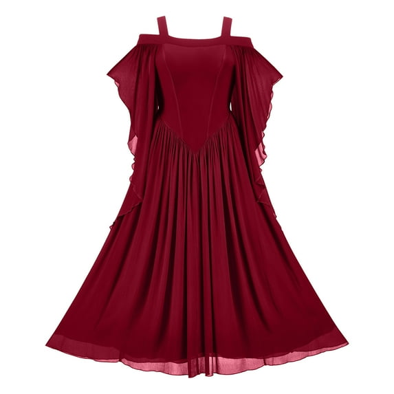 Dyegold Halloween Dress For Women Renaissance Faire Costume Cold Shoulder Mesh Spliced Double Layer Maxi Long Gothic Dress