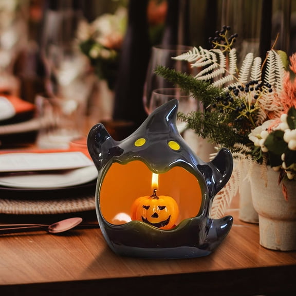 Dyegold Halloween Ghost Candlestick Ceramic Pumpkin Lantern Ornament 4.3 Inch for Tabletop Shelf Mantel Party Home Spooky Decor