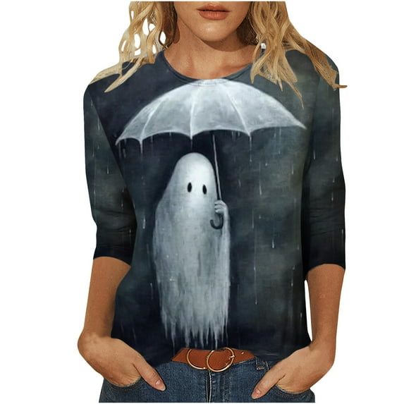 Dyegold Halloween Shirt For Women Sale Ladies Novelty Graphic Pullover Tops 3/4 Length Sleeve Womens Tops Work Office Sport Plus Size Christmas Womans Clothing New Arrivals
