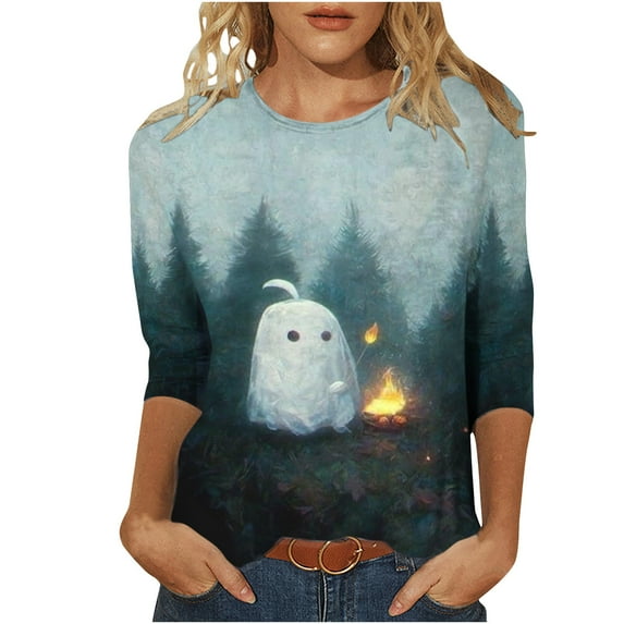 Dyegold Halloween T Shirt Ladies Womens 3/4 Length Sleeve Tops Women Shirts Y2K Clothes Plus Size ​Loose Fit Blouses ​Women's Winter Tops ​Online Shopping