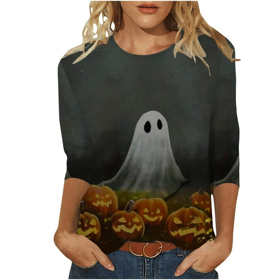 Dyegold Halloween T Shirt Women Sale Ladies Cute Funny Graphic Blouses 3/4 Sleeve Ladies Tops And Blouses Business Casual Long Sleeve Christmas Womens Fall Fashion Labor Day Savings