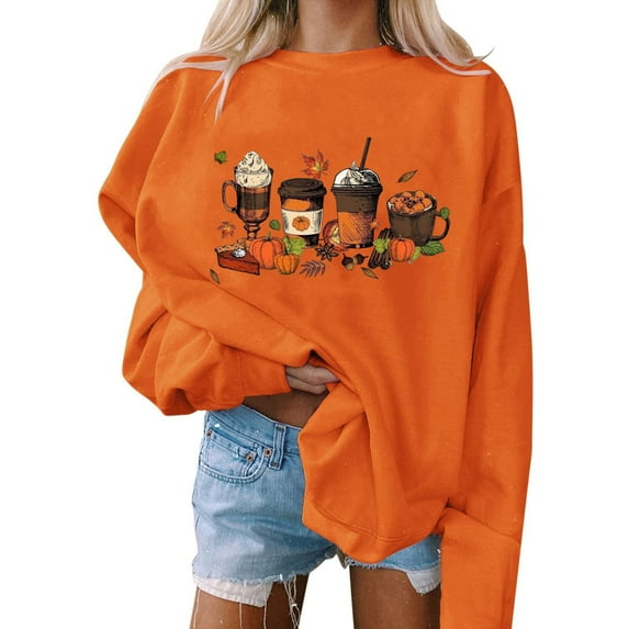 Dyegold Halloween Tops For Women Ladies Pumpkin Coffee Print Shirts Sale Oversized Sweatshirt For Women Fall Outfits Plus Size Christmas Women'S Sweatshirts Women's Fall Trends