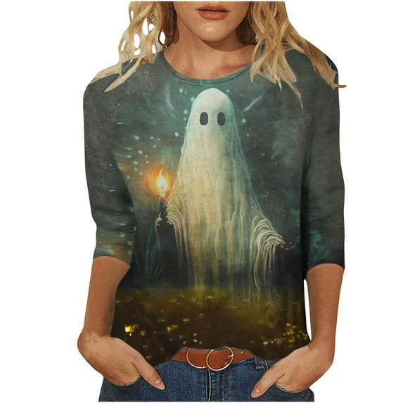 Dyegold Halloween Tshirts Sale Ladies Vintage Graphic Pullover Tops 3/4 Sleeve Ladies Tops And Blouses Fall Outfits Long Sleeve Christmas Fall Clothes For Women Women's Fall Trends